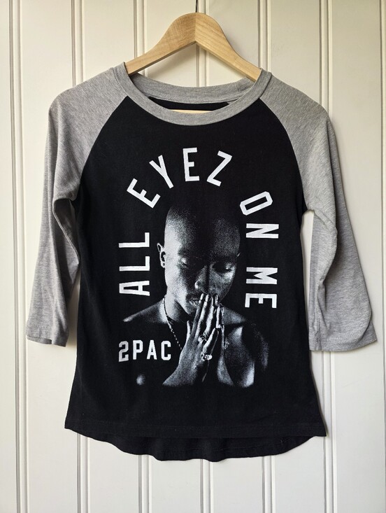 2Pac Tops - Tupac Shakur All Eyez On Me Raglan Baseball Shirt Black Grey Womens Small